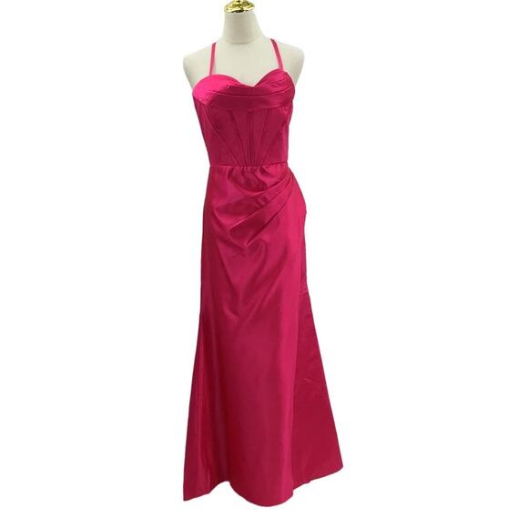 FORMAL SZ 12 L Hot Pink Sweetheart Bustier Satin Lace Up Mermaid Maxi Dress 0B12 - Picture 1 of 7